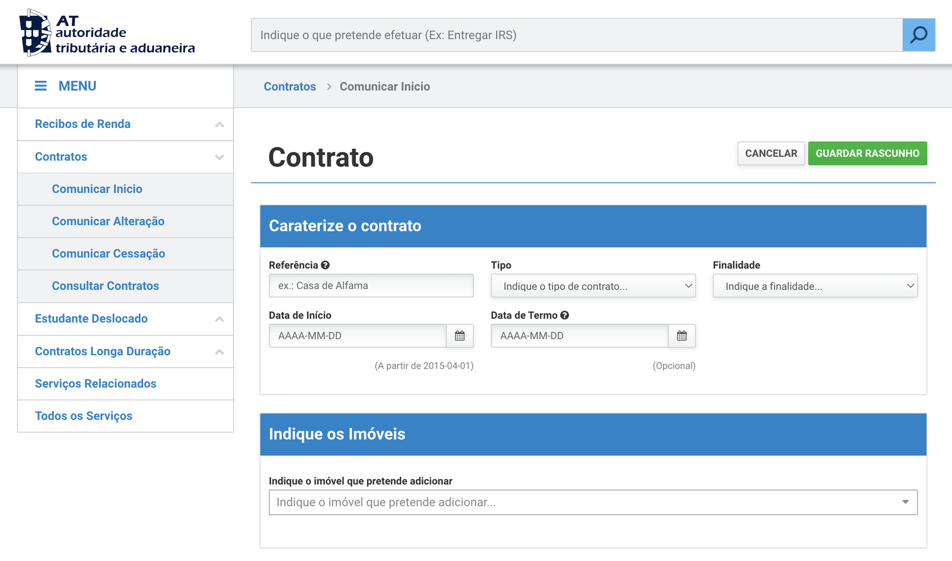 Finanças dados do contrato de arrendamento